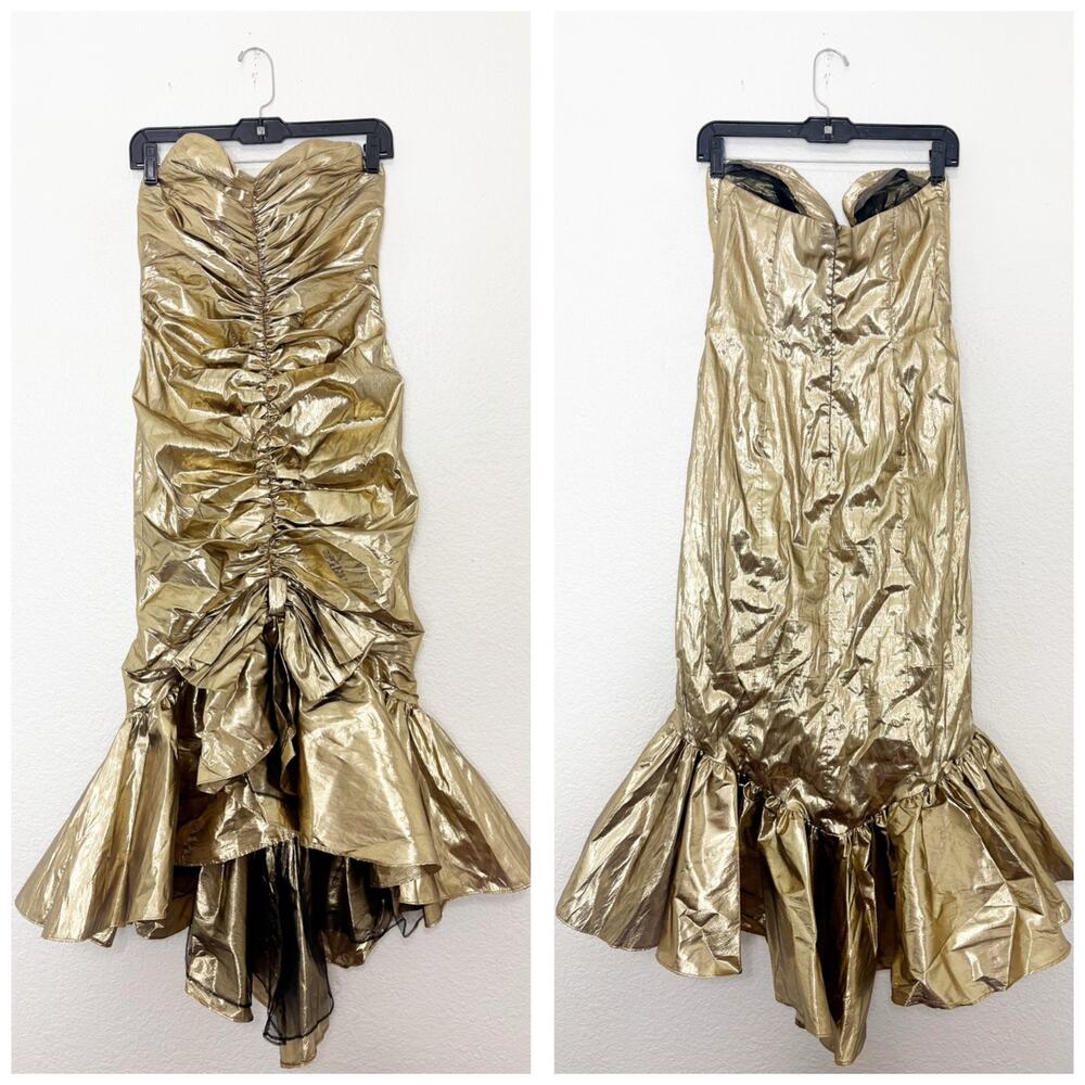 Vintage 1980s Gold Lame Avant Garde 80s Vintage Cocktail Ruched Bow Midi Dress